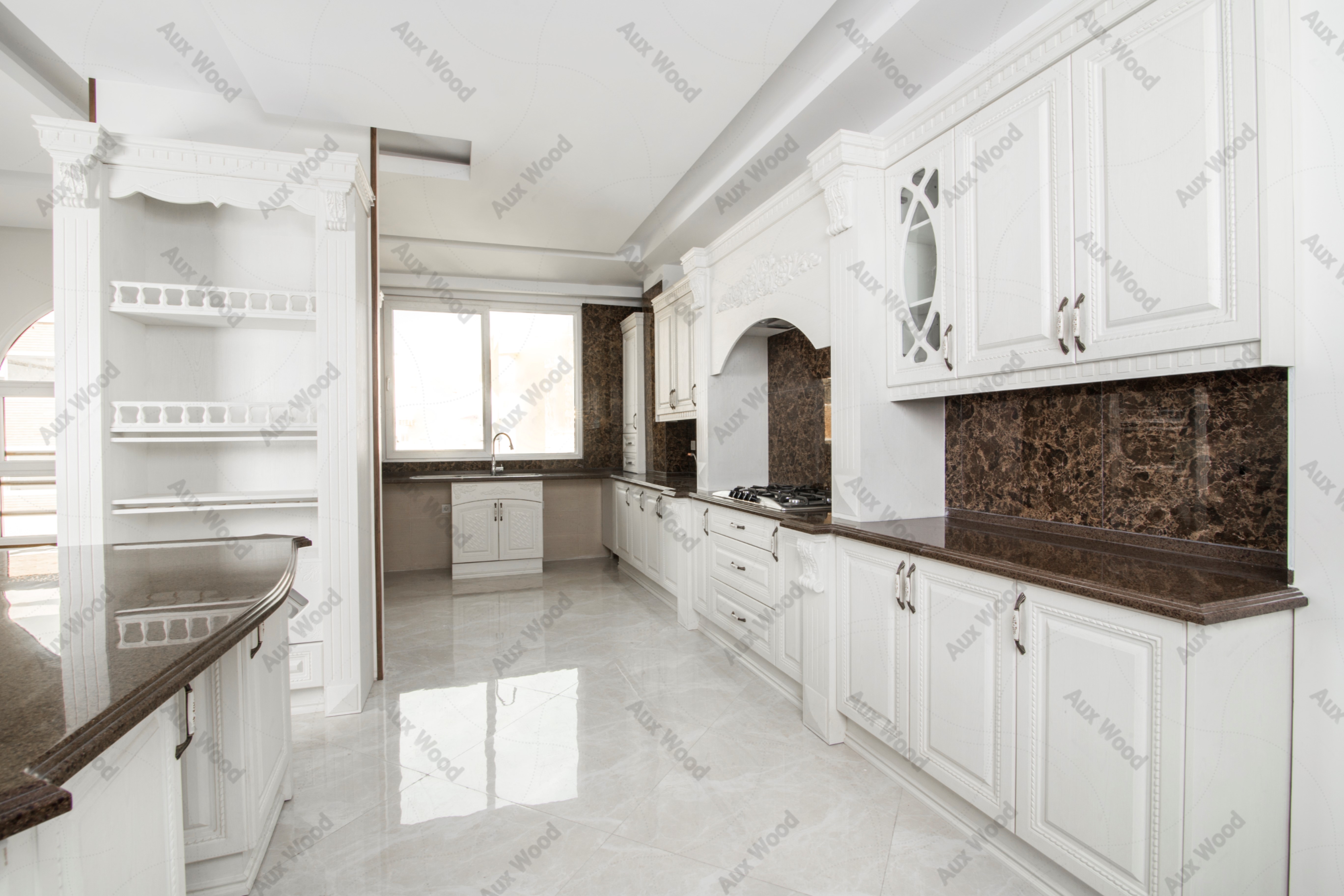 مدل کابینت آشپزخانه سفید ال شکل کلاسیک