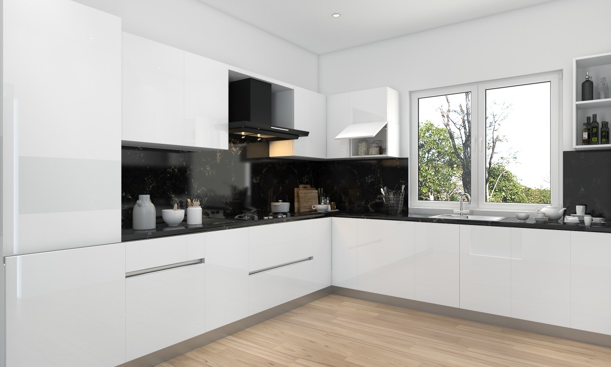 مدل کابینت آشپزخانه هایگلاس ال شکل با ترکیب سفید و مشکی