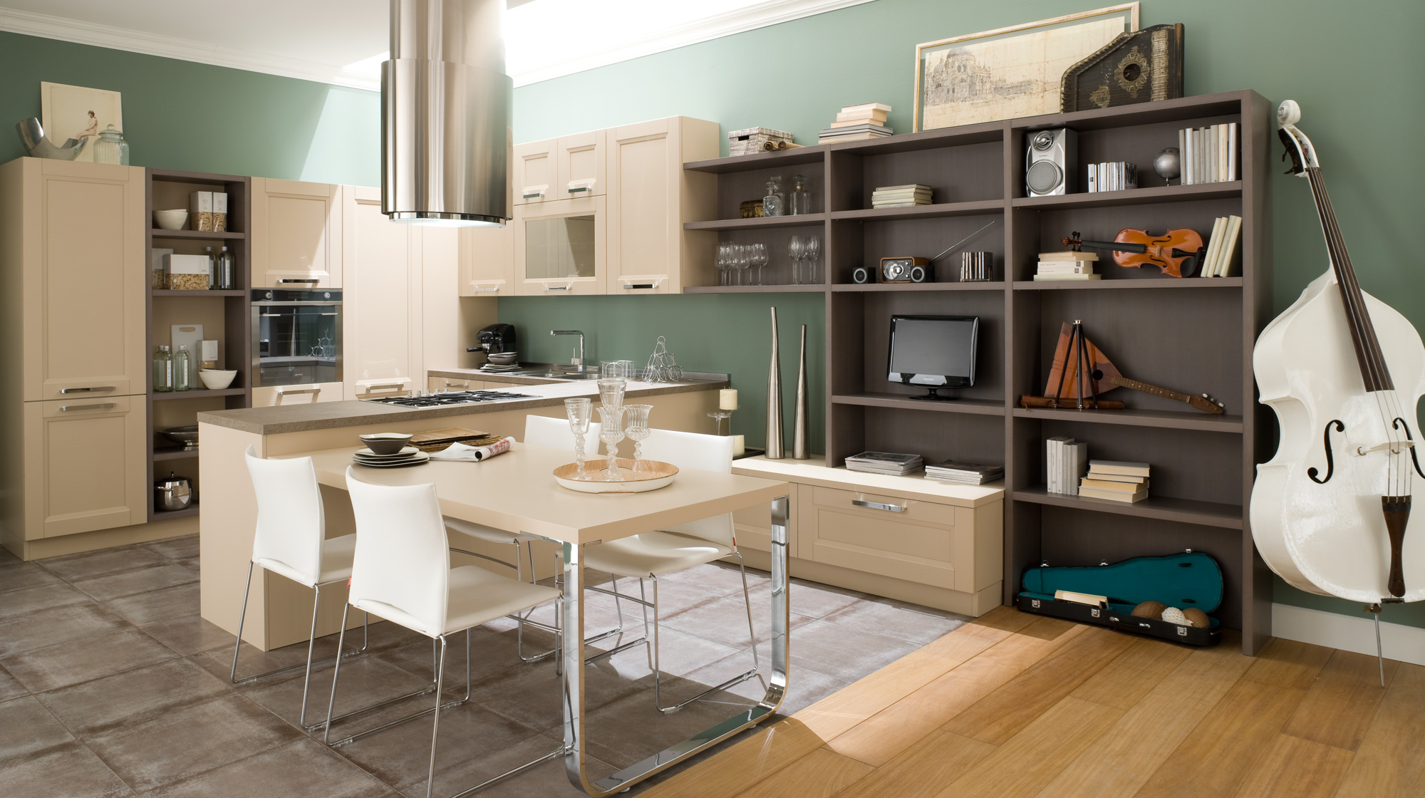 مدل کابینت آشپزخانه در کنار فضای پذیرایی به صورت ال شکل