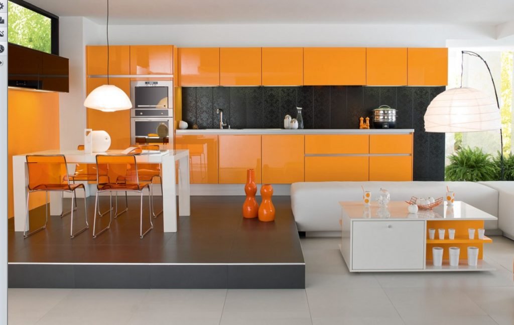 رنگ نارنجی یا زرد در طراحی و رنگ بندی کابینت هایگلاس
