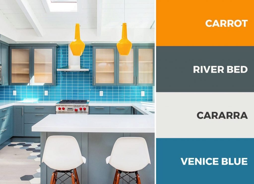 ترکیب بندی رنگ آشپزخانه آبی و نارنجی: