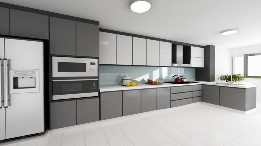 طراحی آشپزخانه مدرن با کابینت طوسی و سفید