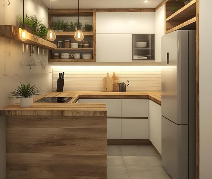 مدل کابینت اشپزخانه کوچک با نور مخفی و مدرن