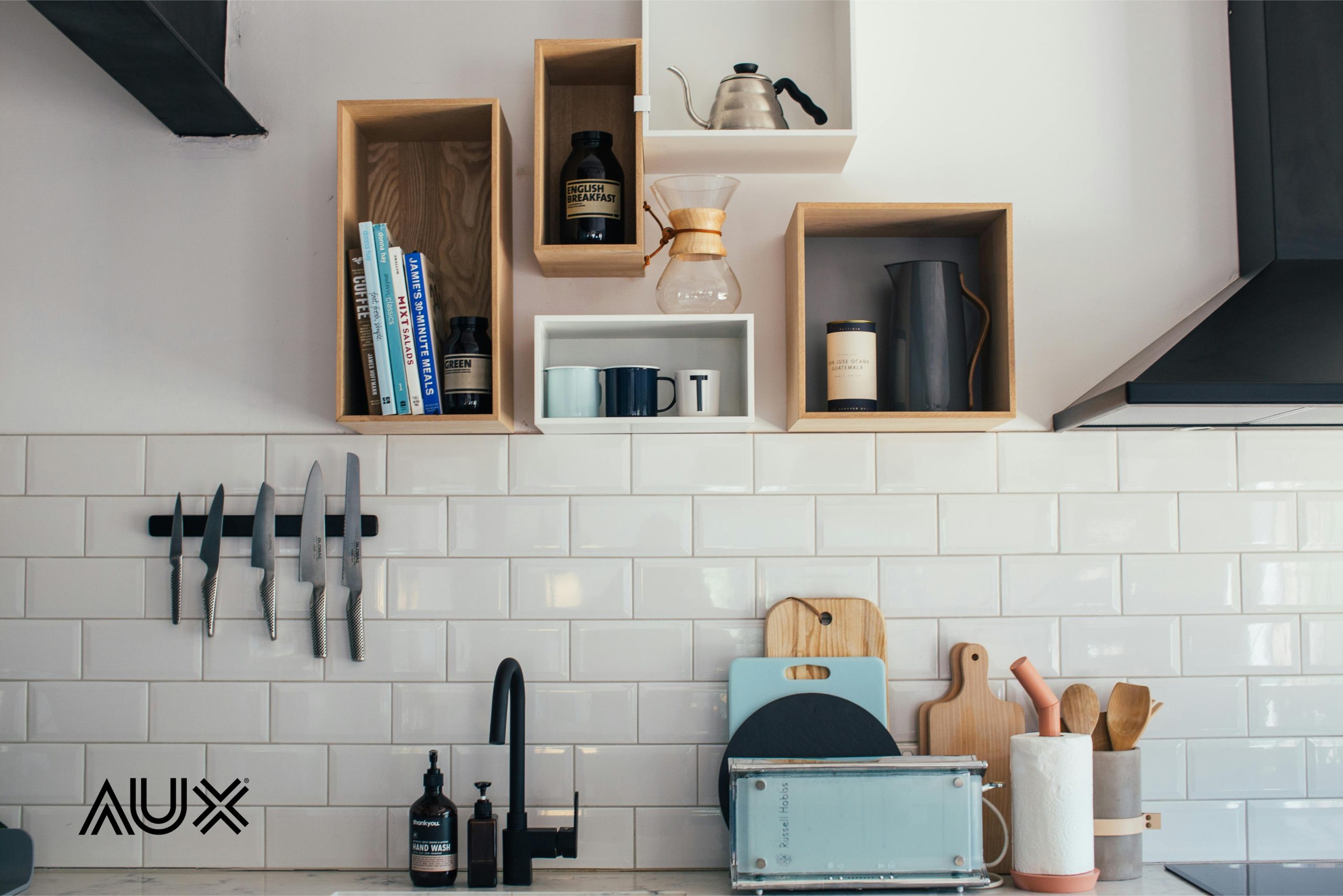 kitchen with open shelves and knife holder