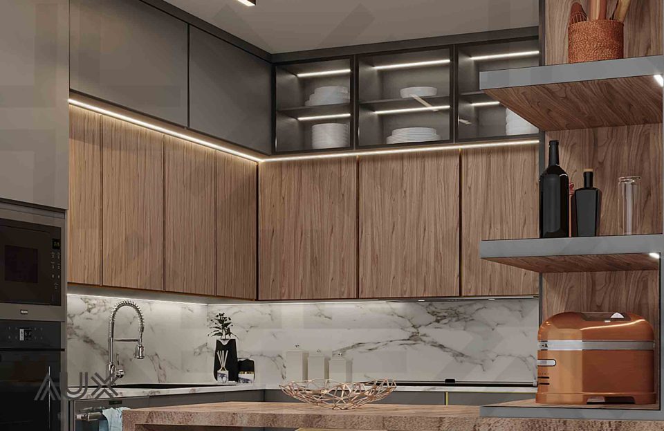 آشپزخانه مدرن با چوب طبیعی 