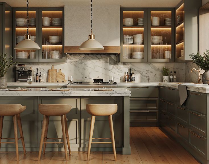 اشپزخانه نئوکلاسک استفاده شده از رنگ های گرم و چوب