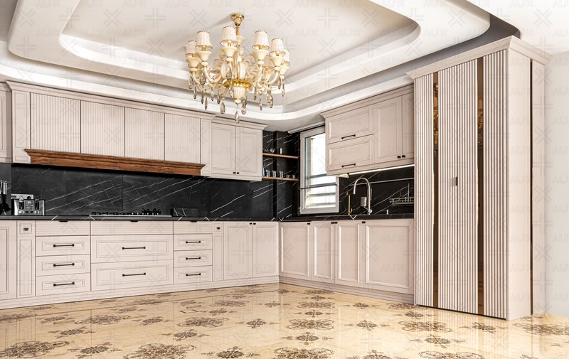 آشپزخانه‌ای با کابینت نئوکلاسیک سفید