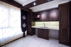 طراحی آشپزخانه با کابینت تمام چوب کلاسیک