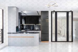 جزیره آشپزخانه با طراحی منحنی و صفحه رویی سنگ مشکی