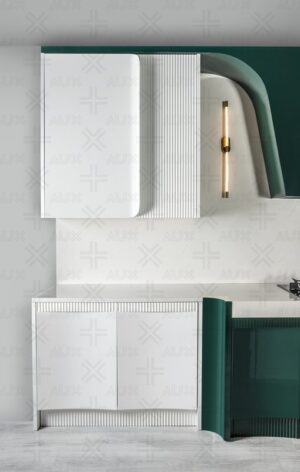 نمای نزدیک کابینت زمینی با طراحی منحنی و رنگ سبز تیره، همراه با صفحه رویی روشن