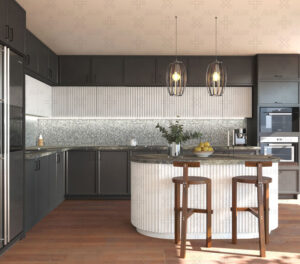 طراحی ترکیبی کابینت تیره و روشن با جزیره منحنی