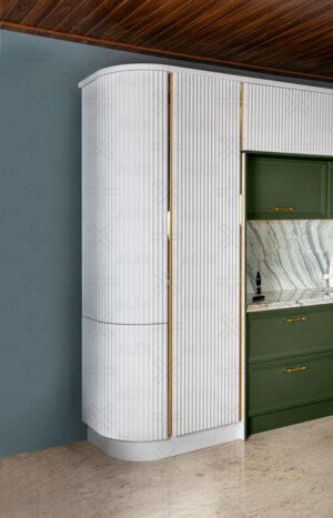 ترکیب کابینت سبز با صفحه سنگی و کابینت منحنی سفید