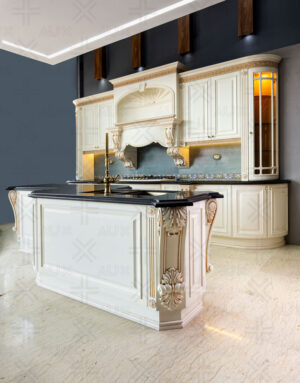 کابینت کلاسیک سفید طلایی با طراحی منحنی