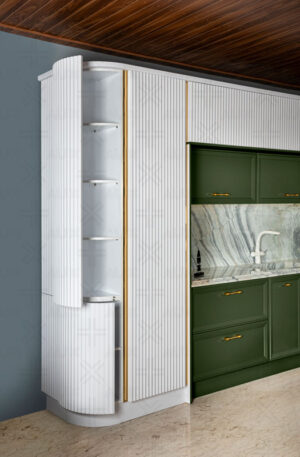 ترکیب کابینت سبز با صفحه سنگی و کابینت منحنی سفید با قفسه داخلی