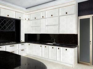 جزیره آشپزخانه با طراحی نیم‌دایره‌ای و صفحه رویی تیره رنگ