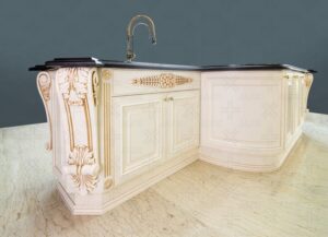 کانتر اشپزخانه ی کلاسیک منحنی سفید طلایی