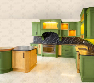 ترکیب رنگ سبز زیتونی با چوب طبیعی در طراحی جزیره منحنی