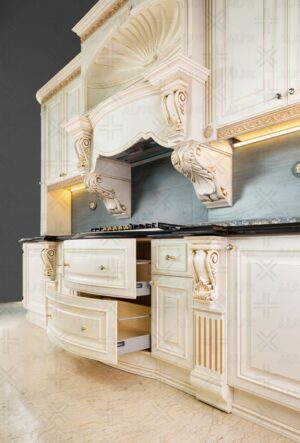 کابینت کلاسیک منحنی سفید طلایی