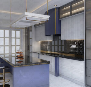 کابینت نئوکلاسیک بدون دستگیره سرمه ای و طلایی