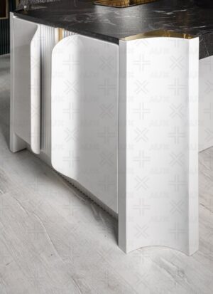 کابینت مدرن بدون دستگیره با طراحی منحنی سفید و سبز در آشپزخانه لوکس