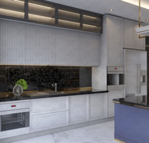 آشپزخانه با طراحی صاف و لبه طلایی بدون دستگیره