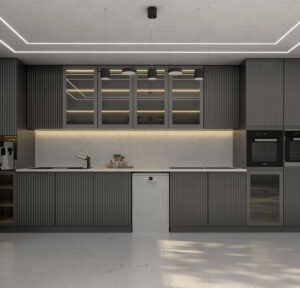 آشپزخانه نئوکلاسیک با کابینت‌های بدون دستگیره طوسی