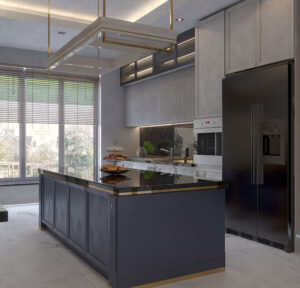 جزیره آشپزخانه با طراحی صاف و لبه طلایی بدون دستگیره