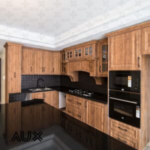 طراحی آشپزخانه با کاشی دیواری مشکی و کابینت قهوه‌ای با دسته فلزی