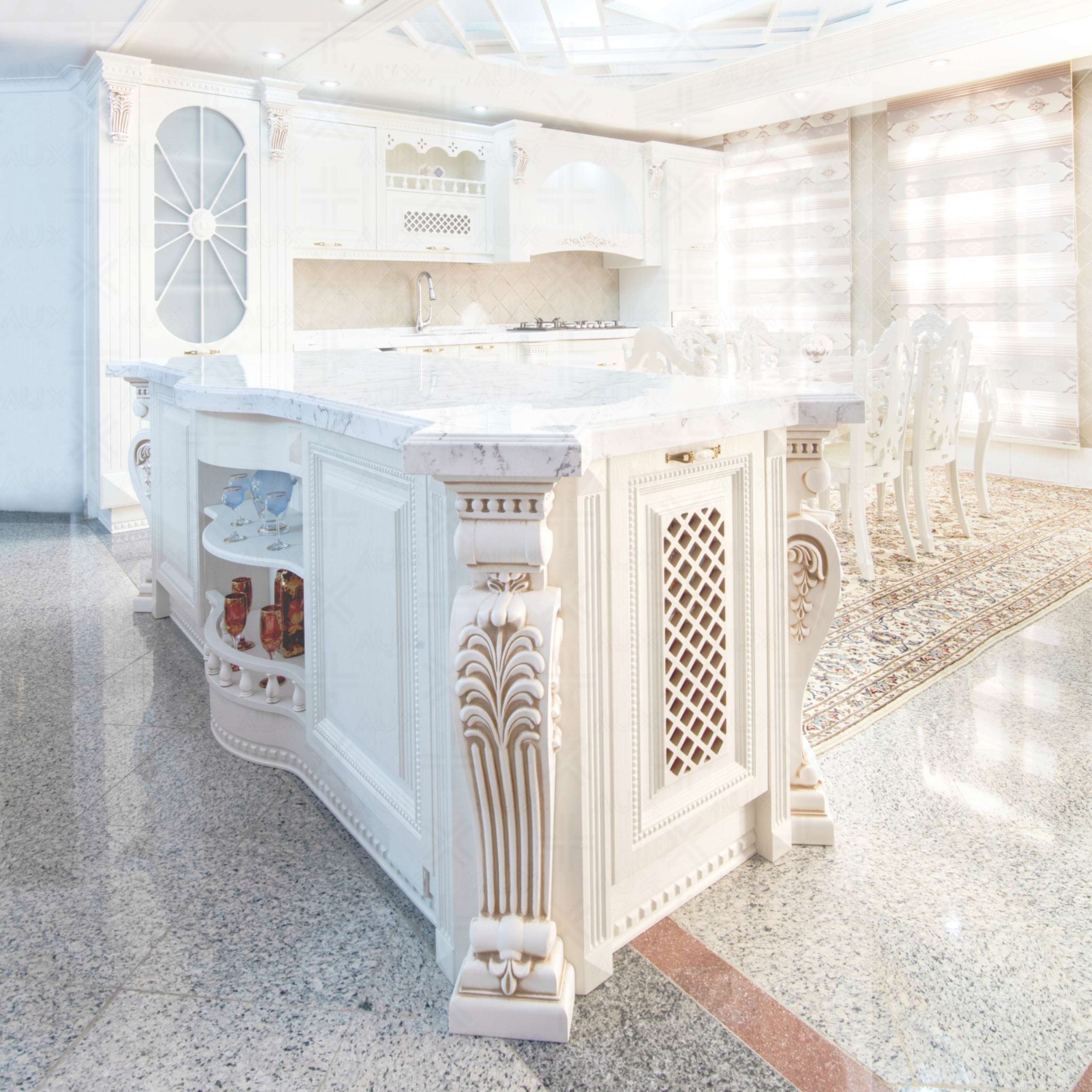 آشپزخانه با کابینت چوبی سفید کلاسیک و جزیره مرکزی با پایه منبت‌کاری