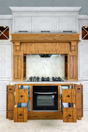 نمای روبرو از اجاق گاز و فر توکار با کشوهای چوبی باز