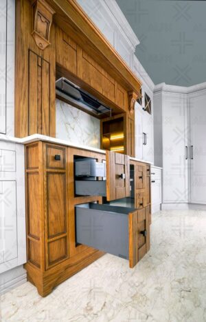 کابینت چوبی آشپزخانه با چند کشوی باز و نمای سنگ مرمر روی دیوار