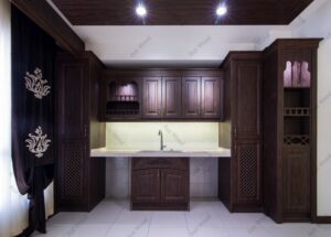 کابینت تیره با طرح چوب طبیعی و نورپردازی سقفی مدرن