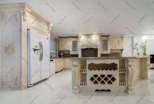 جزیره چوبی کلاسیک با پایه‌های حجمی و نقوش تزئینی طلایی