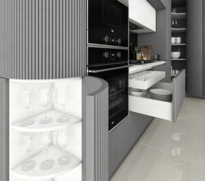 کابینت مدرن طوسی روشن با متریال براق