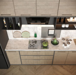 آشپزخانه مدرن با کابینت‌های چوبی روشن و جزیره سنگ مرمر