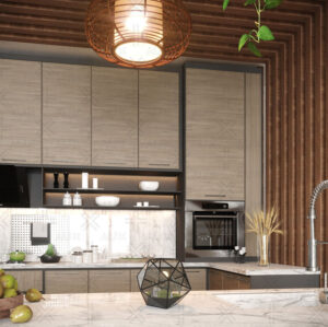 ترکیب چوب و سنگ در طراحی داخلی آشپزخانه