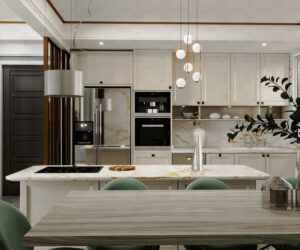 آشپزخانه نئوکلاسیک با کابینت‌های سفید