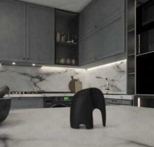 آشپزخانه نئوکلاسیک با کابینت طوسی و جزیره مرمری