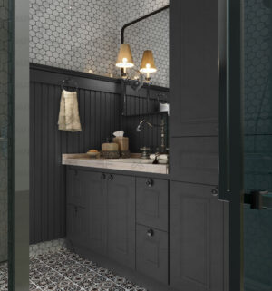 کابینت نئوکلاسیک روشویی مشکی در سرویس بهداشتی