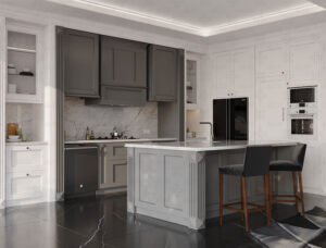 دکوراسیون نئوکلاسیک آشپزخانه با کابینت قاب‌دار