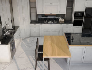 فضای آشپزخانه نئوکلاسیک با ترکیب رنگ سفید و مشکی