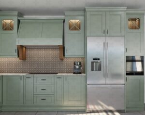 کابینت ممبران سبز با جزیره سنگی در آشپزخانه کلاسیک