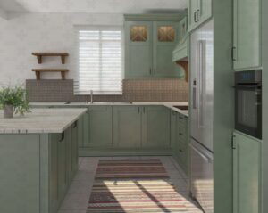 کابینت ممبران سبز با جزیره سنگی در آشپزخانه کلاسیک
