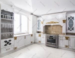 آشپزخانه کلاسیک با کابینت‌ ممبران و اجاق گاز ایستاده