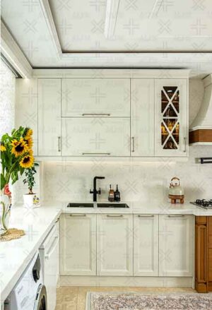 طراحی کابینت ممبران آشپزخانه سفید و چوبی