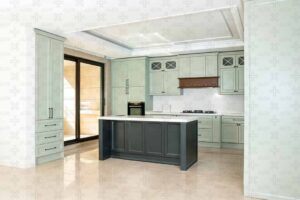 کابینت ممبران با رنگ سبز ملایم و سطح رویه سفید کوارتز