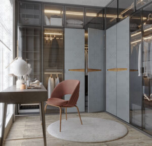 طراحی لاکچری اتاق کمد با ترکیب کشوهای خاکستری، ریل‌های لباس، قفسه کیف و بخش ویژه نگهداری نوشیدنی