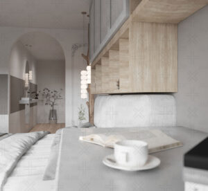 طراحی داخلی اتاق خواب با کمد دیواری مدرن، قفسه‌های چوبی و درب‌های طوسی، همراه با تخت دو نفره و نورپردازی آویز.