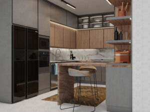 کابینت آشپزخانه مدرن با ترکیب روکش چوب و رنگ خاکستری و نورپردازی مخفی