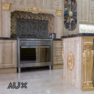 کابینت روکش چوب با منبت طلایی و صفحه سنگ مشکی